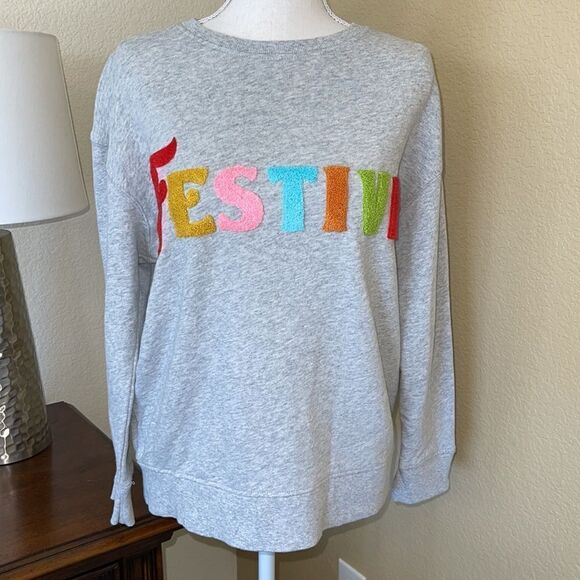 Shiraleah Gray Long Sleeve Colorful Festive Textured Applique Sweatshirt Small - Picture 2 of 4